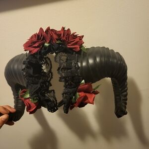 Black Horned Headpiece with Red Roses